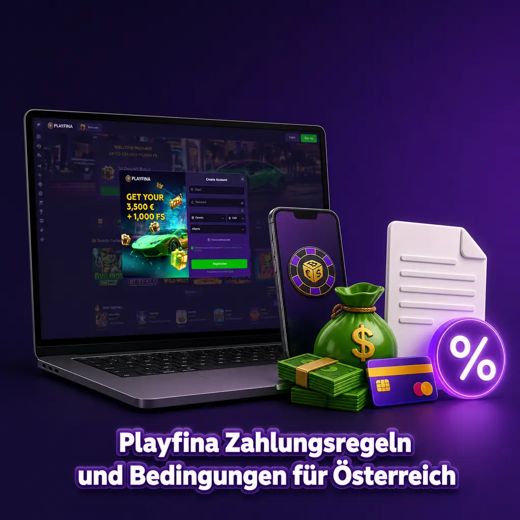 Playfina Zahlungsregeln für Österreich: Verifizierung, gleiche Zahlungsmethode, EUR-Währung, Bonusumsetzung und Auszahlungslimit.