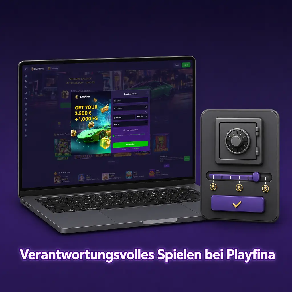 Playfina Kontobereich mit Tools für verantwortungsvolles Spielen: Einzahlungslimits, Selbstausschluss und Realitätscheck.